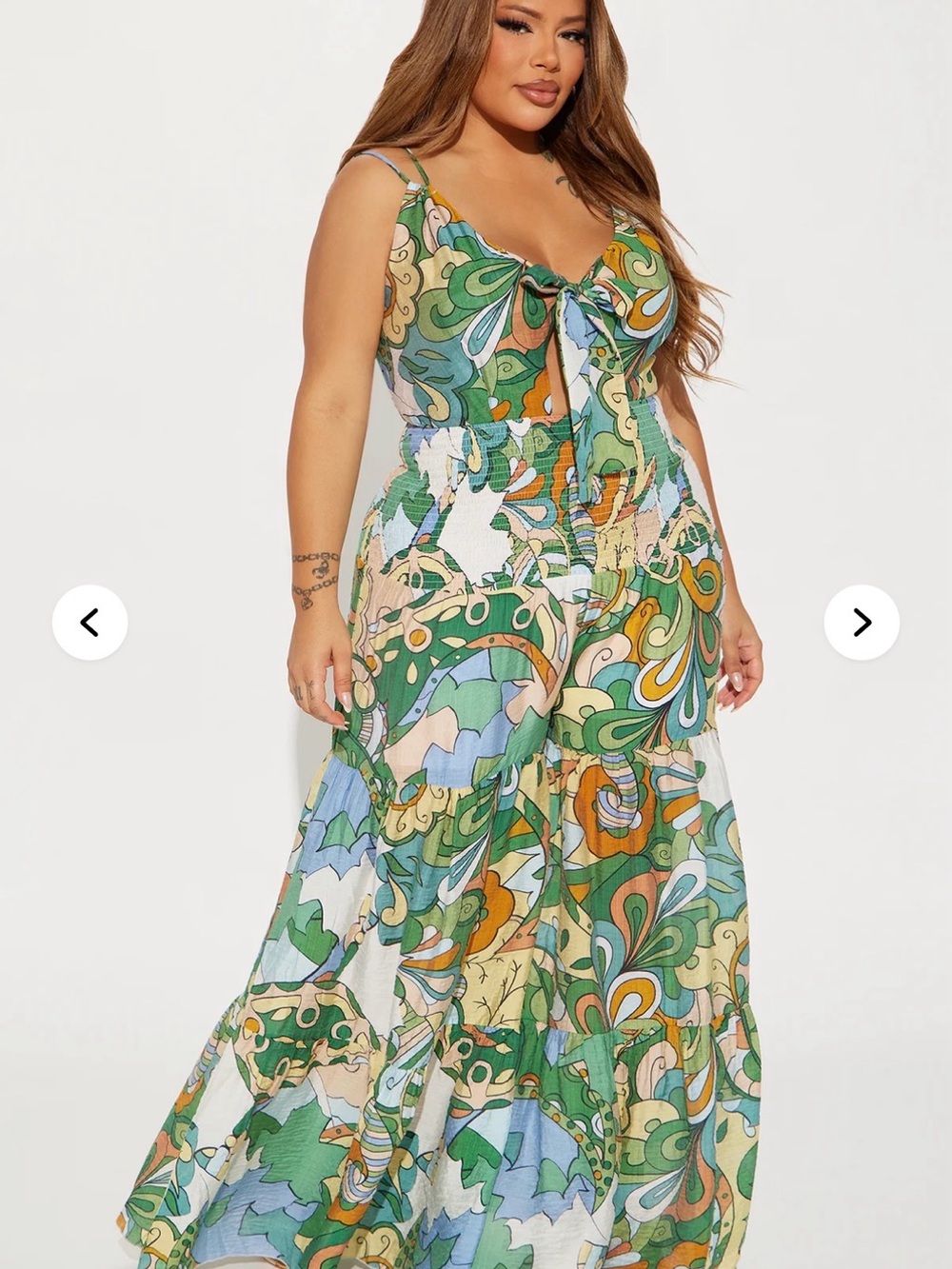 Fashion Nova Green Multi-Print Tie-Front Jumpsuit